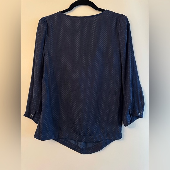 CAbi Navy Blue Micro Dot Tie Neck Lightweight Blouse #5525 Size XS - Picture 2 of 5